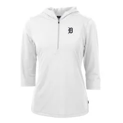 Women's Detroit Tigers Cutter & Buck White Virtue Eco Pique 3/4 Sleeve Half-Zip Pullover Hoodie