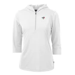 Women's Toronto Blue Jays Cutter & Buck White Virtue Eco Pique 3/4 Sleeve Half-Zip Pullover Hoodie