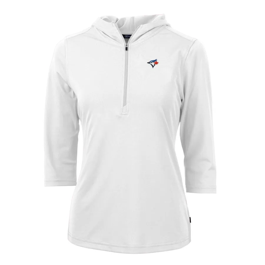 Women's Toronto Blue Jays Cutter & Buck White Virtue Eco Pique 3/4 Sleeve Half-Zip Pullover Hoodie 3 Women's Toronto Blue Jays Cutter & Buck White Virtue Eco Pique 3/4 Sleeve Half-Zip Pullover Hoodie
