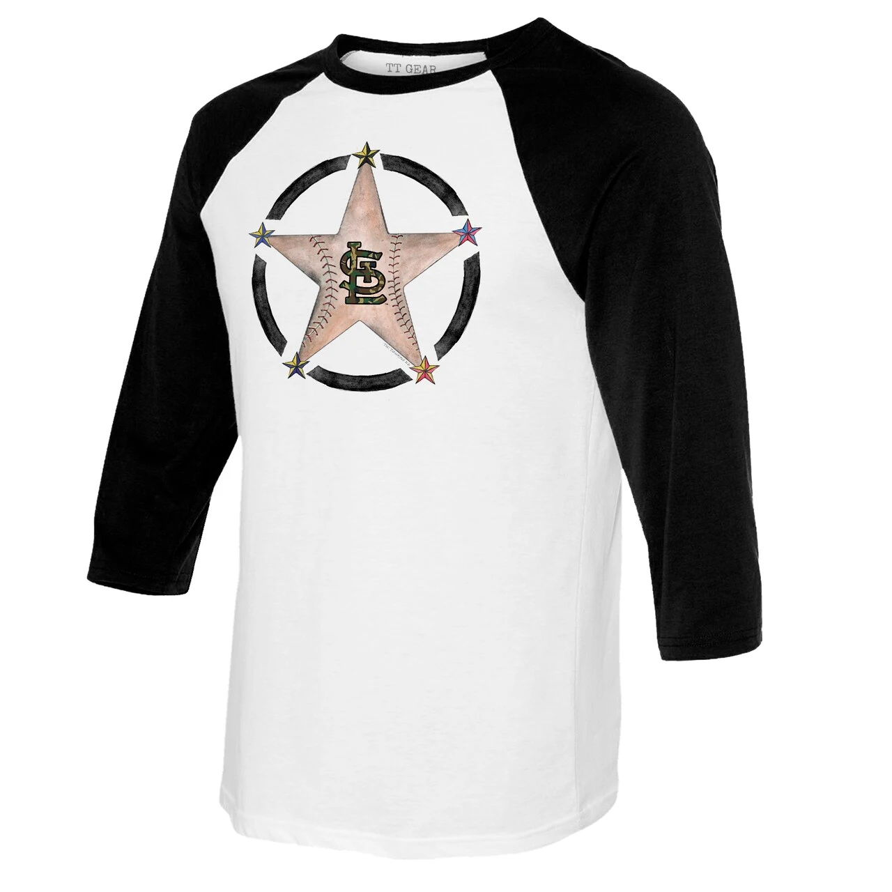 Women's St. Louis Cardinals Tiny Turnip White/Black Military Star 3/4-Sleeve Raglan T-Shirt 4 Women's St. Louis Cardinals Tiny Turnip White/Black Military Star 3/4-Sleeve Raglan T-Shirt - Image 2