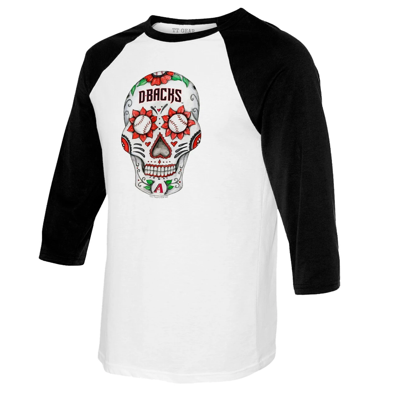 Women'sArizona Diamondbacks Tiny Turnip White/Black Sugar Skull 3/4-Sleeve Raglan T-Shirt 4 Women'sArizona Diamondbacks Tiny Turnip White/Black Sugar Skull 3/4-Sleeve Raglan T-Shirt - Image 2