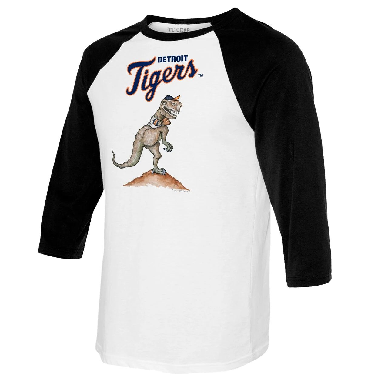 Women's Detroit Tigers Tiny Turnip White/Black TT Rex 3/4-Sleeve Raglan T-Shirt 4 Women's Detroit Tigers Tiny Turnip White/Black TT Rex 3/4-Sleeve Raglan T-Shirt - Image 2