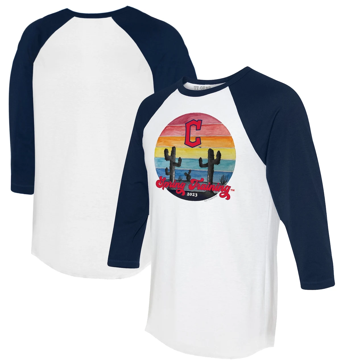 Women's Cleveland Guardians Tiny Turnip White/Navy 2023 Spring Training 3/4-Sleeve Raglan T-Shirt 3 Women's Cleveland Guardians Tiny Turnip White/Navy 2023 Spring Training 3/4-Sleeve Raglan T-Shirt