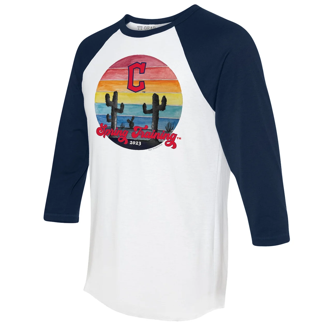 Women's Cleveland Guardians Tiny Turnip White/Navy 2023 Spring Training 3/4-Sleeve Raglan T-Shirt 4 Women's Cleveland Guardians Tiny Turnip White/Navy 2023 Spring Training 3/4-Sleeve Raglan T-Shirt - Image 2
