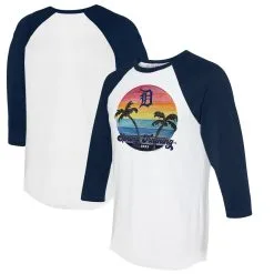 Women's Detroit Tigers Tiny Turnip White/Navy 2023 Spring Training 3/4-Sleeve Raglan T-Shirt