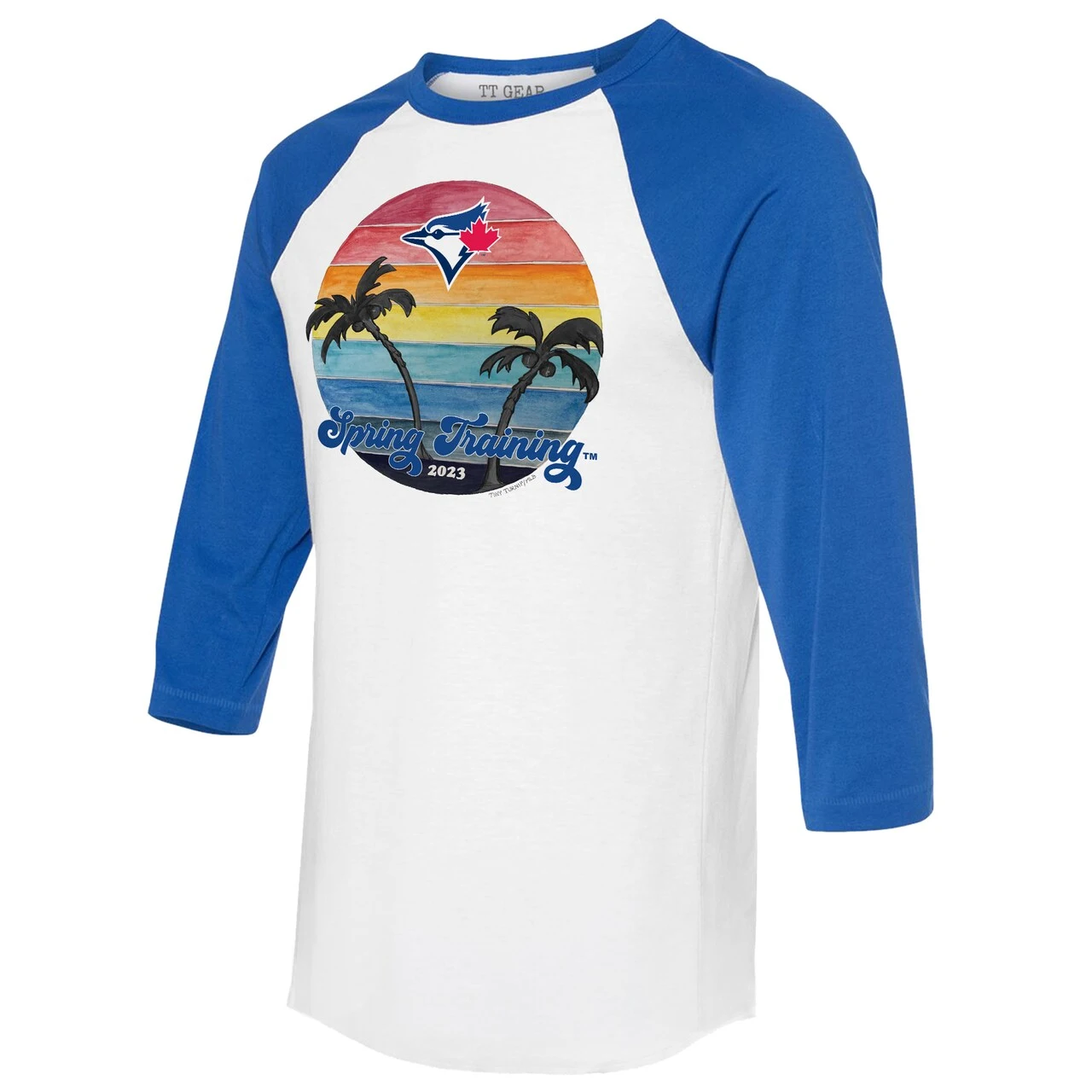 Women's Toronto Blue Jays Tiny Turnip White/Royal 2023 Spring Training 3/4-Sleeve Raglan T-Shirt 4 Women's Toronto Blue Jays Tiny Turnip White/Royal 2023 Spring Training 3/4-Sleeve Raglan T-Shirt - Image 2