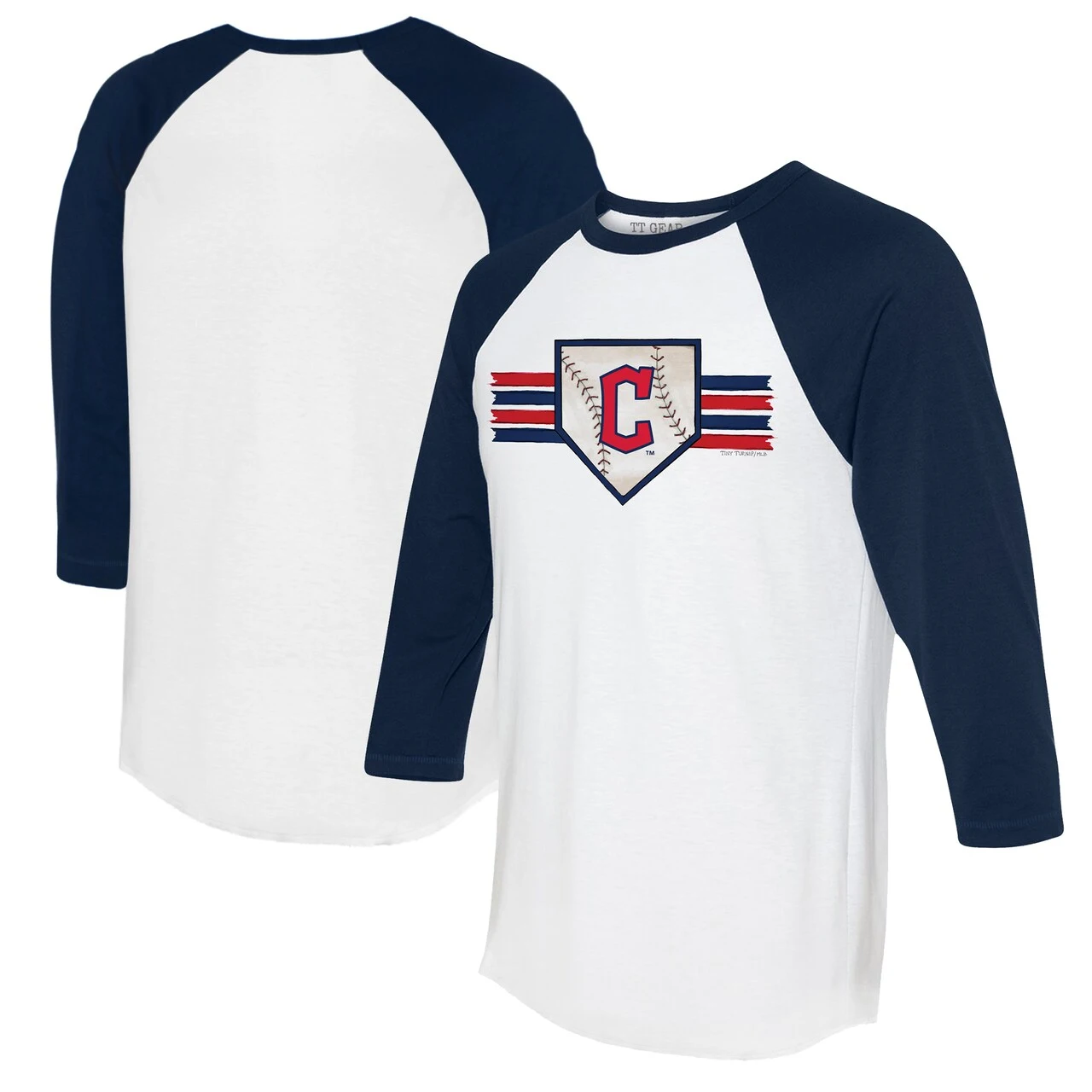Women's Cleveland Guardians Tiny Turnip White/Navy Base Stripe 3/4-Sleeve Raglan T-Shirt 3 Women's Cleveland Guardians Tiny Turnip White/Navy Base Stripe 3/4-Sleeve Raglan T-Shirt