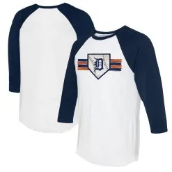 Women's Detroit Tigers Tiny Turnip White/Navy Base Stripe 3/4-Sleeve Raglan T-Shirt