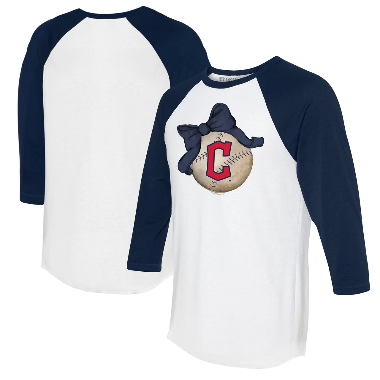 Women's Cleveland Guardians Tiny Turnip White/Navy Baseball Bow 3/4-Sleeve Raglan T-Shirt 3 Women's Cleveland Guardians Tiny Turnip White/Navy Baseball Bow 3/4-Sleeve Raglan T-Shirt