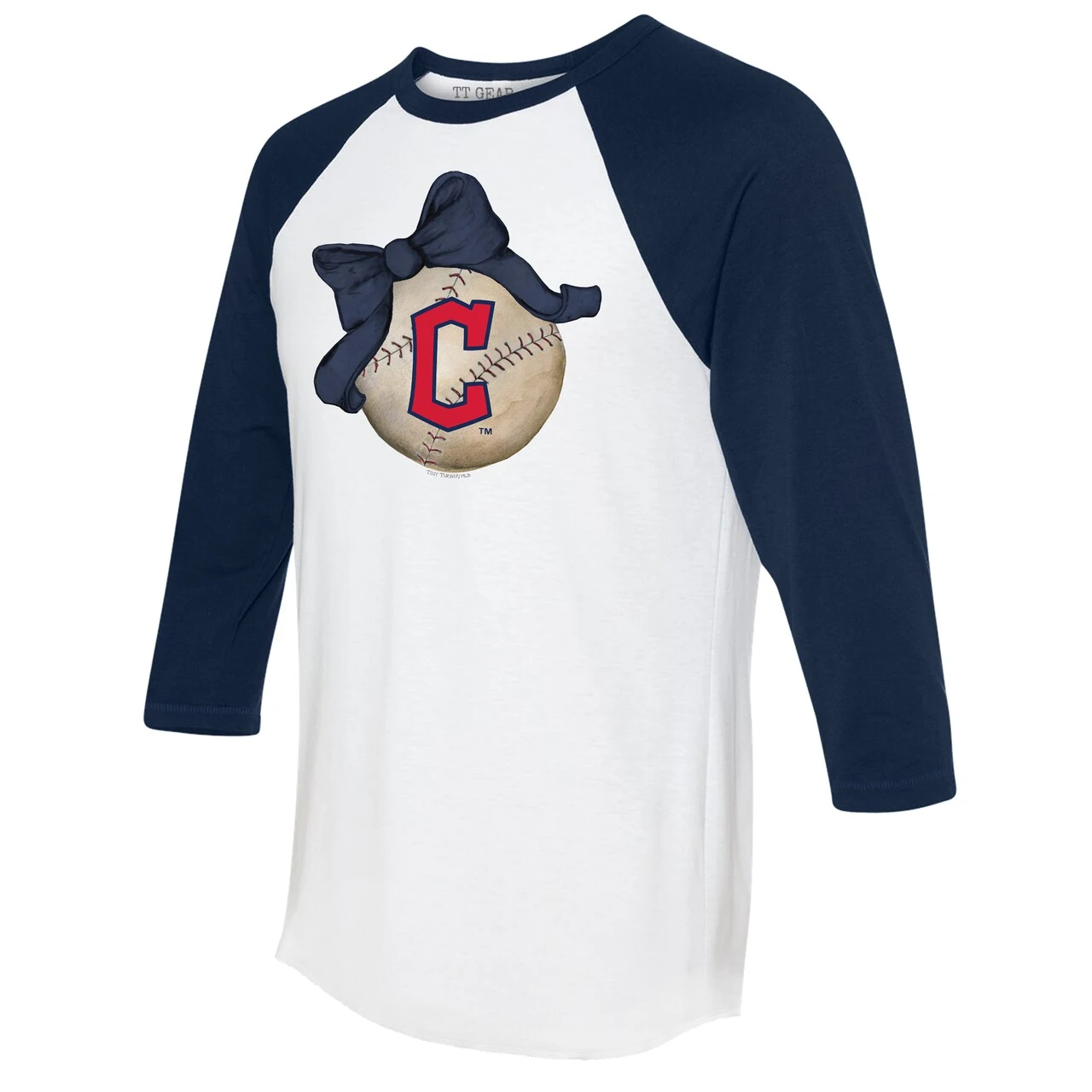 Women's Cleveland Guardians Tiny Turnip White/Navy Baseball Bow 3/4-Sleeve Raglan T-Shirt 4 Women's Cleveland Guardians Tiny Turnip White/Navy Baseball Bow 3/4-Sleeve Raglan T-Shirt - Image 2