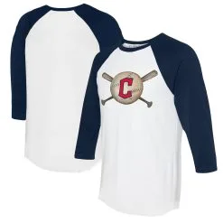 Women's Cleveland Guardians Tiny Turnip White/Navy Baseball Cross Bats 3/4-Sleeve Raglan T-Shirt