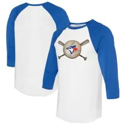 Women's Toronto Blue Jays Tiny Turnip White/Royal Baseball Cross Bats 3/4-Sleeve Raglan T-Shirt