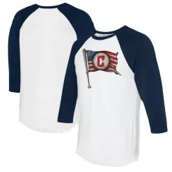 Women's Cleveland Guardians Tiny Turnip White/Navy Baseball Flag 3/4-Sleeve Raglan T-Shirt