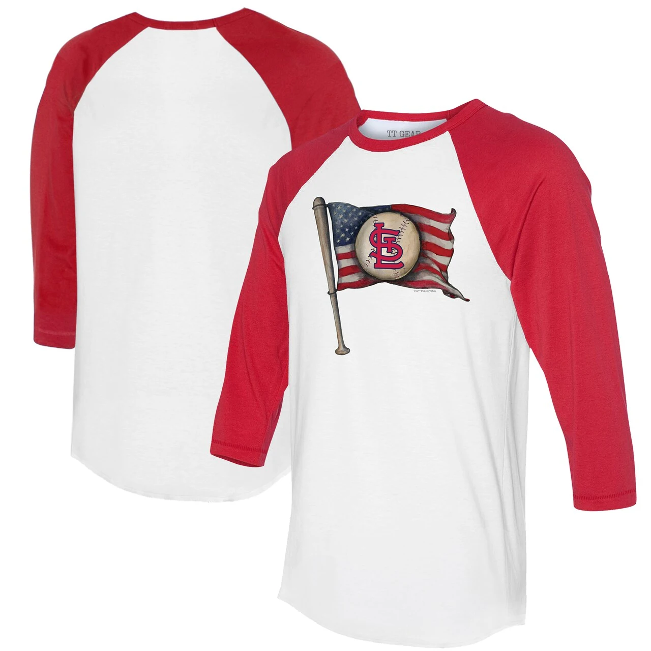 Women's St. Louis Cardinals Tiny Turnip White/Red Baseball Flag 3/4-Sleeve Raglan T-Shirt 3 Women's St. Louis Cardinals Tiny Turnip White/Red Baseball Flag 3/4-Sleeve Raglan T-Shirt