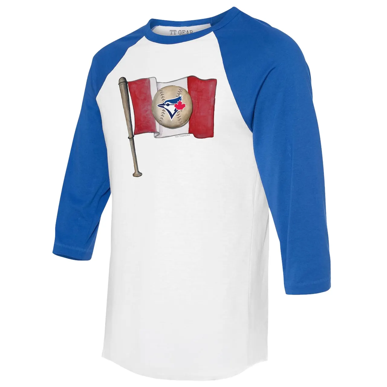 Women's Toronto Blue Jays Tiny Turnip White/Royal Baseball Flag 3/4-Sleeve Raglan T-Shirt 4 Women's Toronto Blue Jays Tiny Turnip White/Royal Baseball Flag 3/4-Sleeve Raglan T-Shirt - Image 2