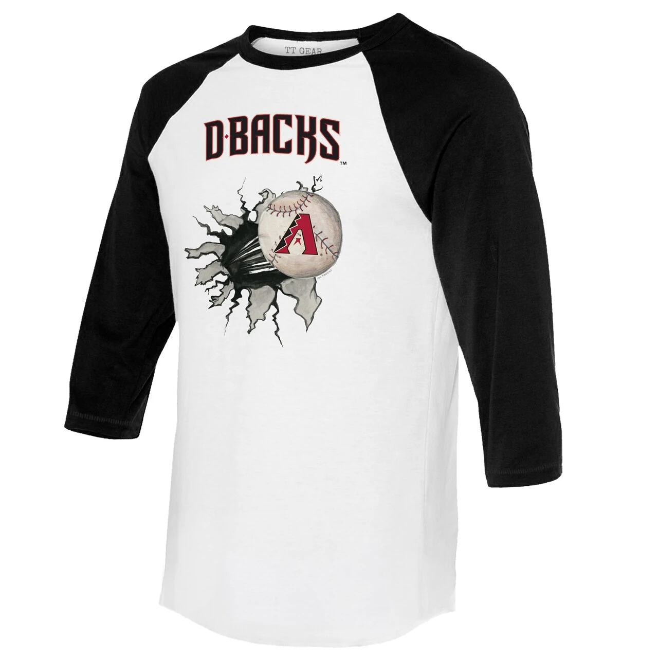 Women's Arizona Diamondbacks Tiny Turnip White/Black Baseball Tear 3/4-Sleeve Raglan T-Shirt 4 Women's Arizona Diamondbacks Tiny Turnip White/Black Baseball Tear 3/4-Sleeve Raglan T-Shirt - Image 2