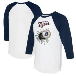 Women's Detroit Tigers Tiny Turnip White/Navy Baseball Tear 3/4-Sleeve Raglan T-Shirt
