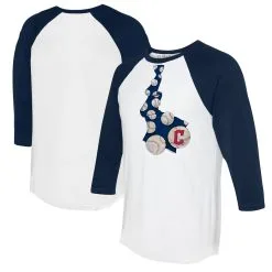 Women's Cleveland Guardians Tiny Turnip White/Navy Baseball Tie 3/4-Sleeve Raglan T-Shirt