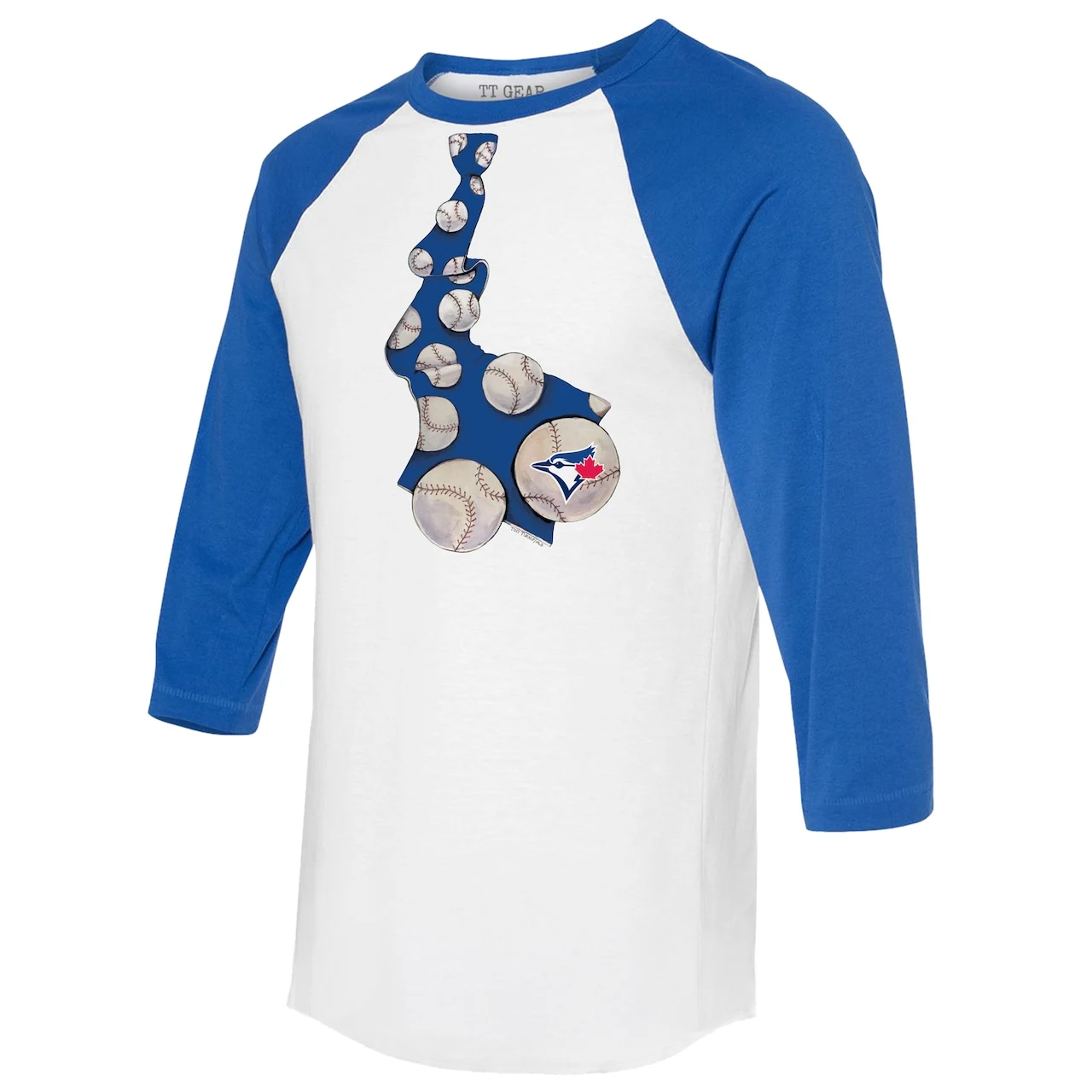 Women's Toronto Blue Jays Tiny Turnip White/Royal Baseball Tie 3/4-Sleeve Raglan T-Shirt 4 Women's Toronto Blue Jays Tiny Turnip White/Royal Baseball Tie 3/4-Sleeve Raglan T-Shirt - Image 2
