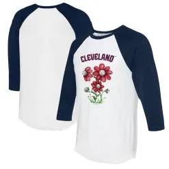 Women's Cleveland Guardians Tiny Turnip White/Navy Blooming Baseballs 3/4-Sleeve Raglan T-Shirt