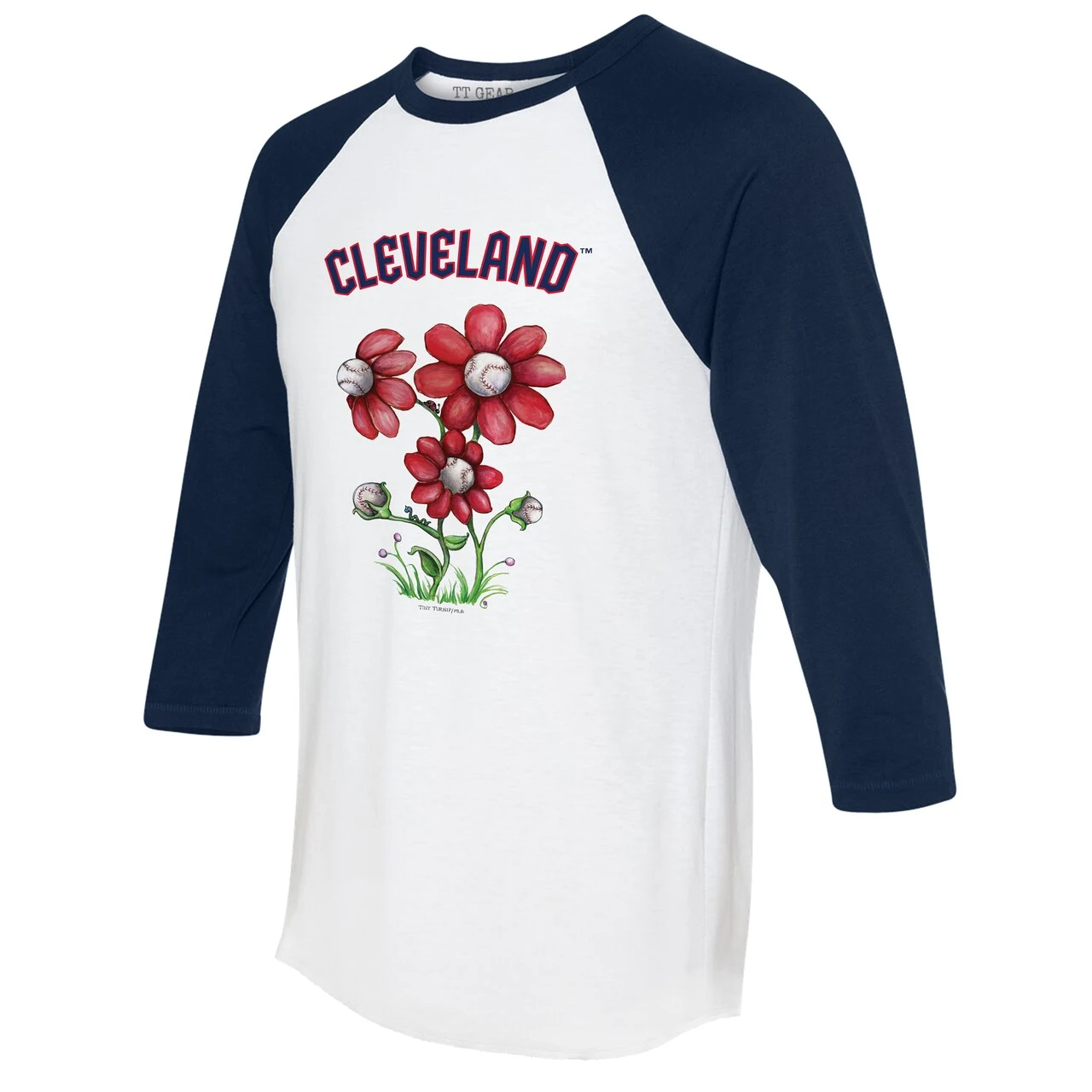 Women's Cleveland Guardians Tiny Turnip White/Navy Blooming Baseballs 3/4-Sleeve Raglan T-Shirt 4 Women's Cleveland Guardians Tiny Turnip White/Navy Blooming Baseballs 3/4-Sleeve Raglan T-Shirt - Image 2