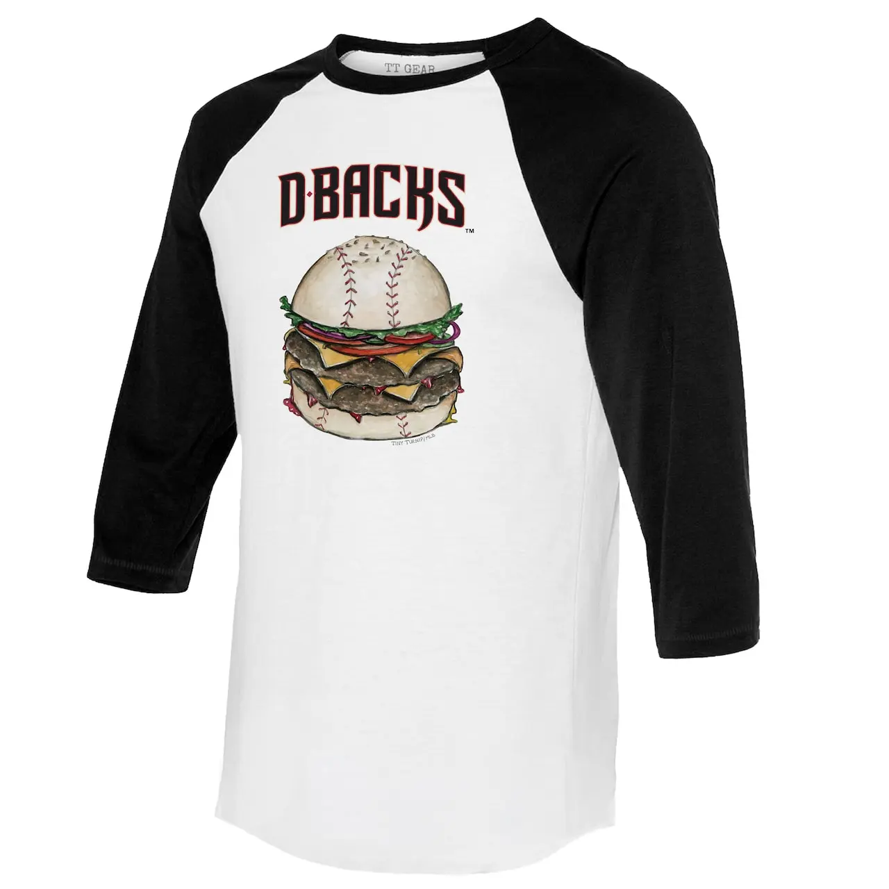 Women's Arizona Diamondbacks Tiny Turnip White/Black Burger 3/4-Sleeve Raglan T-Shirt 4 Women's Arizona Diamondbacks Tiny Turnip White/Black Burger 3/4-Sleeve Raglan T-Shirt - Image 2