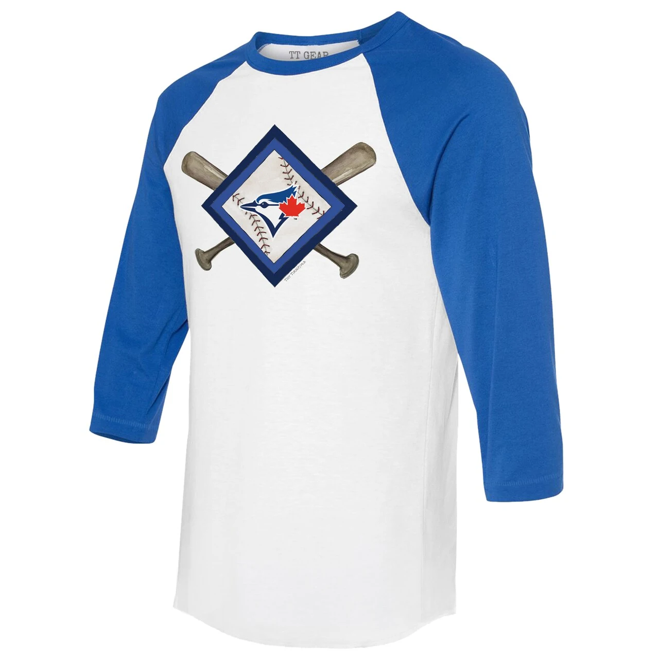 Women's Toronto Blue Jays Tiny Turnip White/Royal Diamond Cross Bats 3/4-Sleeve Raglan T-Shirt 4 Women's Toronto Blue Jays Tiny Turnip White/Royal Diamond Cross Bats 3/4-Sleeve Raglan T-Shirt - Image 2