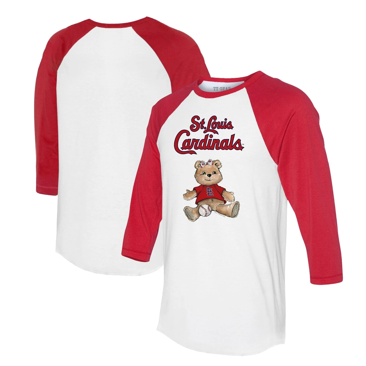 Women's St. Louis Cardinals Tiny Turnip White/Red Girl Teddy 3/4-Sleeve Raglan T-Shirt 3 Women's St. Louis Cardinals Tiny Turnip White/Red Girl Teddy 3/4-Sleeve Raglan T-Shirt