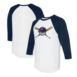 Women's Cleveland Guardians Tiny Turnip White/Navy Hat Crossbats 3/4-Sleeve Raglan T-Shirt