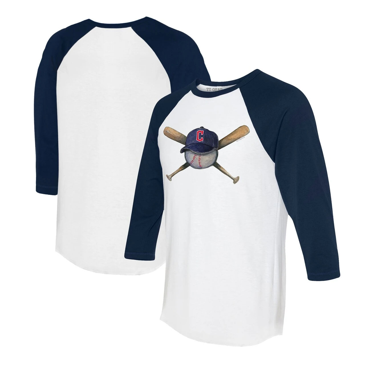 Women's Cleveland Guardians Tiny Turnip White/Navy Hat Crossbats 3/4-Sleeve Raglan T-Shirt 3 Women's Cleveland Guardians Tiny Turnip White/Navy Hat Crossbats 3/4-Sleeve Raglan T-Shirt