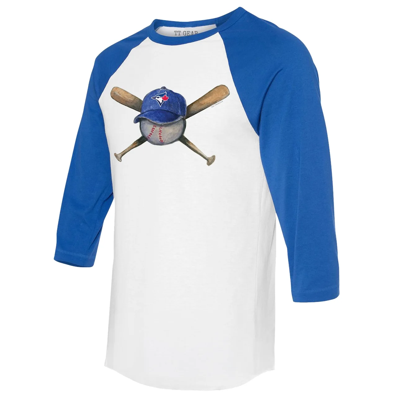 Women's Toronto Blue Jays Tiny Turnip White/Royal Hat Crossbats 3/4-Sleeve Raglan T-Shirt 4 Women's Toronto Blue Jays Tiny Turnip White/Royal Hat Crossbats 3/4-Sleeve Raglan T-Shirt - Image 2