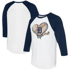 Women's Detroit Tigers Tiny Turnip White/Navy Heart Banner 3/4-Sleeve Raglan T-Shirt