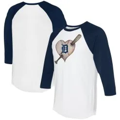 Women's Detroit Tigers Tiny Turnip White/Navy Heart Bat 3/4-Sleeve Raglan T-Shirt