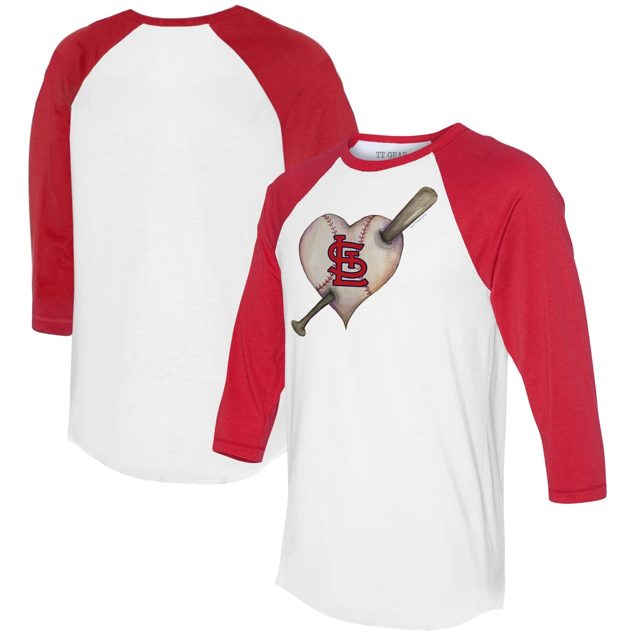 Women's St. Louis Cardinals Tiny Turnip White/Red Heart Bat 3/4-Sleeve Raglan T-Shirt 3 Women's St. Louis Cardinals Tiny Turnip White/Red Heart Bat 3/4-Sleeve Raglan T-Shirt