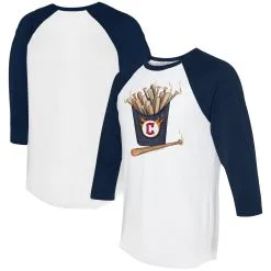 Women's Cleveland Guardians Tiny Turnip White/Navy Hot Bats 3/4-Sleeve Raglan T-Shirt
