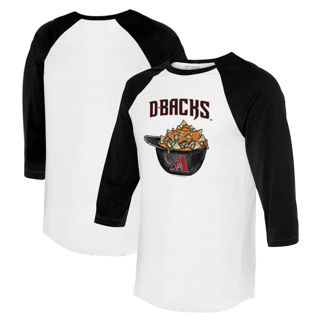 Women's Arizona Diamondbacks Tiny Turnip White/Black Nacho Helmet 3/4-Sleeve Raglan T-Shirt 3 Women's Arizona Diamondbacks Tiny Turnip White/Black Nacho Helmet 3/4-Sleeve Raglan T-Shirt