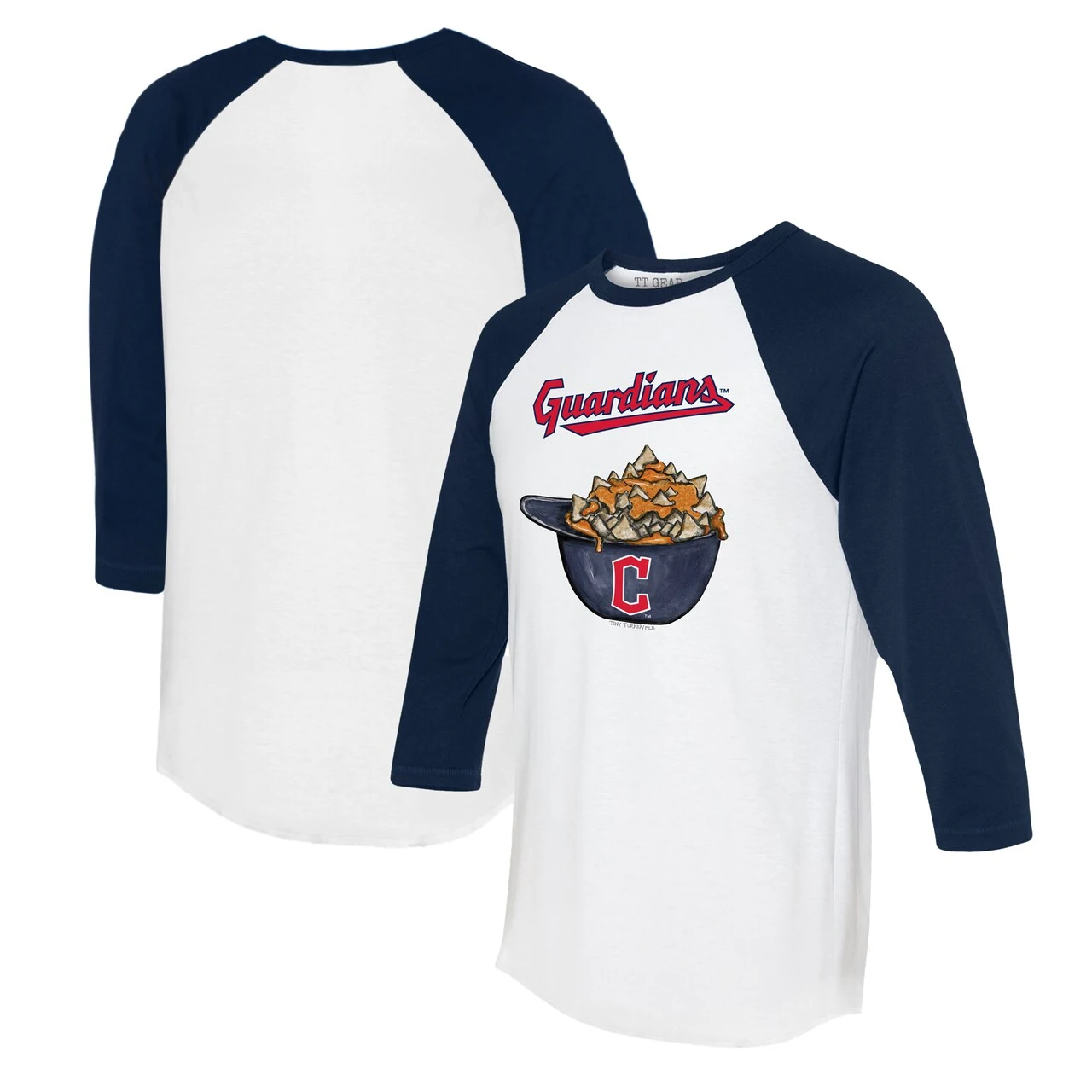 Women's Cleveland Guardians Tiny Turnip White/Navy Nacho Helmet 3/4-Sleeve Raglan T-Shirt 3 Women's Cleveland Guardians Tiny Turnip White/Navy Nacho Helmet 3/4-Sleeve Raglan T-Shirt