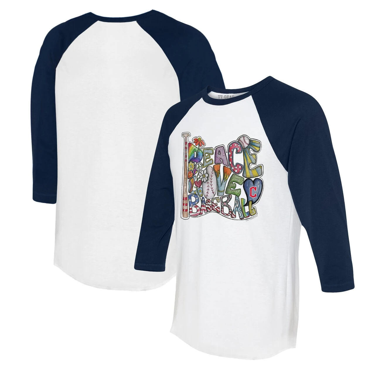 Women's Cleveland Guardians Tiny Turnip White/Navy Peace Love Baseball 3/4-Sleeve Raglan T-Shirt 3 Women's Cleveland Guardians Tiny Turnip White/Navy Peace Love Baseball 3/4-Sleeve Raglan T-Shirt