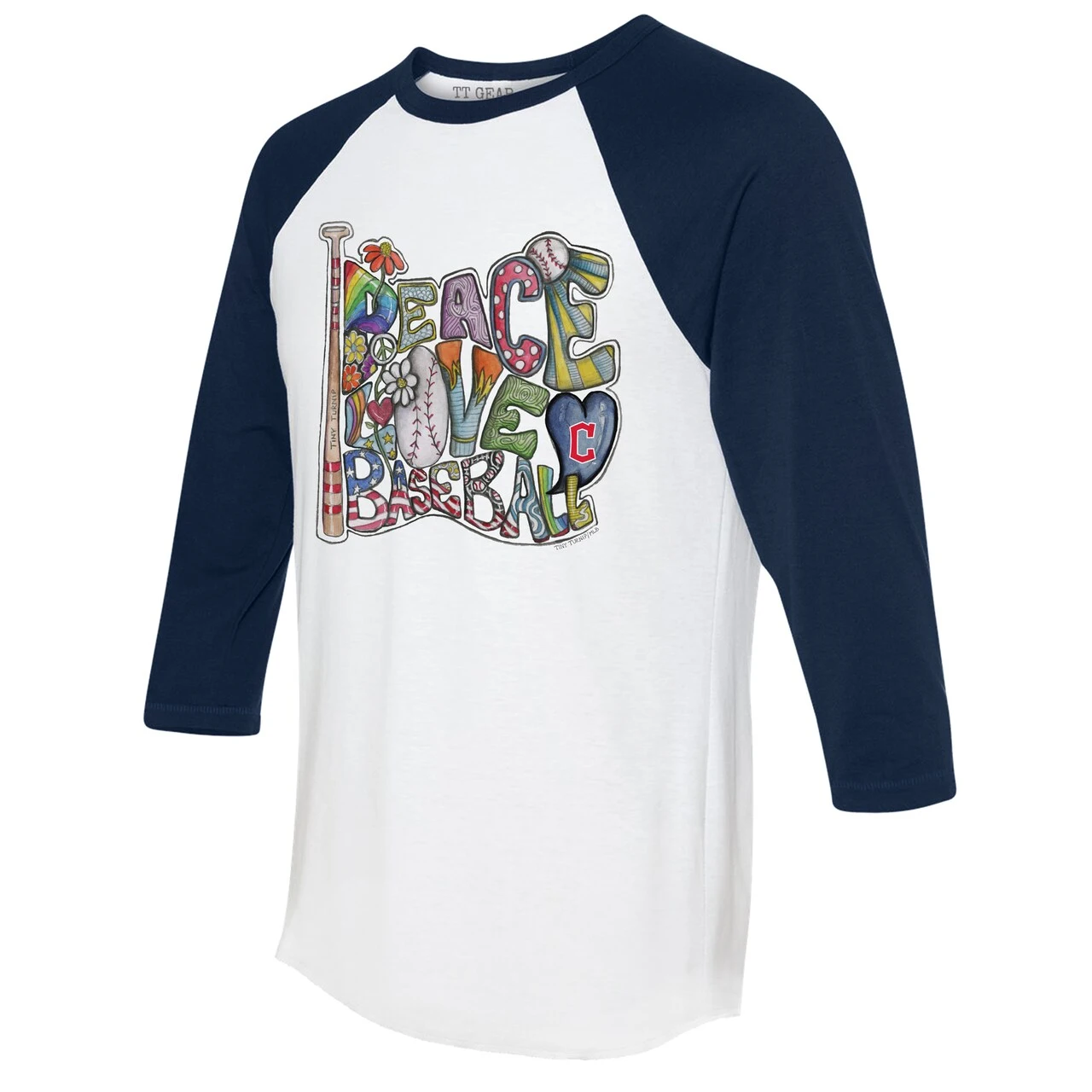 Women's Cleveland Guardians Tiny Turnip White/Navy Peace Love Baseball 3/4-Sleeve Raglan T-Shirt 4 Women's Cleveland Guardians Tiny Turnip White/Navy Peace Love Baseball 3/4-Sleeve Raglan T-Shirt - Image 2