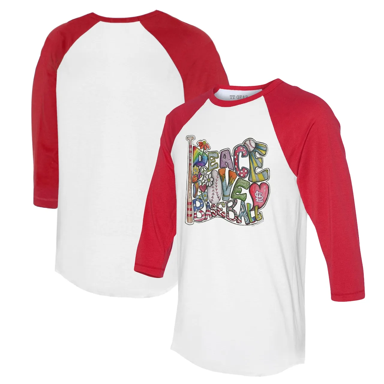 Women's St. Louis Cardinals Tiny Turnip White/Red Peace Love Baseball 3/4-Sleeve Raglan T-Shirt 3 Women's St. Louis Cardinals Tiny Turnip White/Red Peace Love Baseball 3/4-Sleeve Raglan T-Shirt