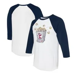 Women's Cleveland Guardians Tiny Turnip White/Navy Popcorn 3/4-Sleeve Raglan T-Shirt