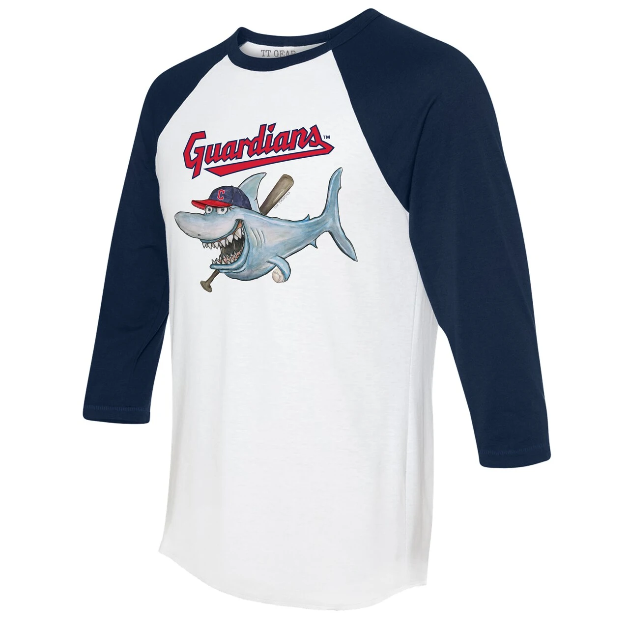 Women's Cleveland Guardians Tiny Turnip White/Navy Shark 3/4-Sleeve Raglan T-Shirt 4 Women's Cleveland Guardians Tiny Turnip White/Navy Shark 3/4-Sleeve Raglan T-Shirt - Image 2
