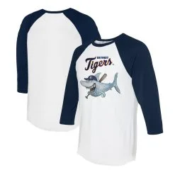 Women's Detroit Tigers Tiny Turnip White/Navy Shark 3/4-Sleeve Raglan T-Shirt