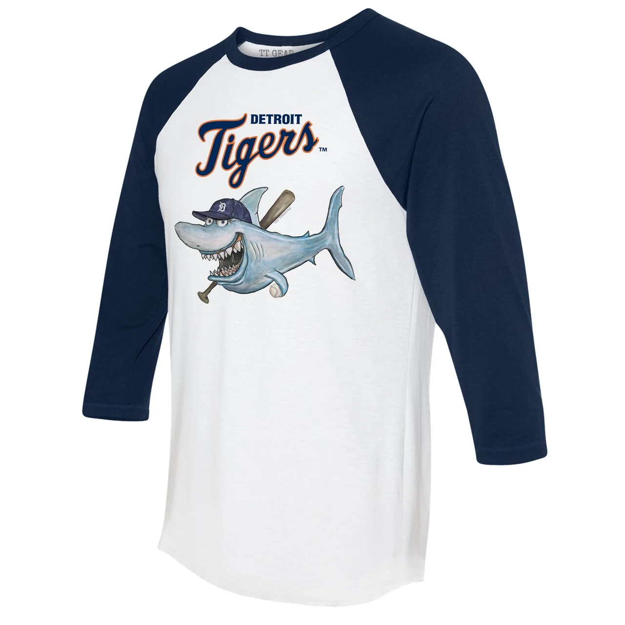 Women's Detroit Tigers Tiny Turnip White/Navy Shark 3/4-Sleeve Raglan T-Shirt 4 Women's Detroit Tigers Tiny Turnip White/Navy Shark 3/4-Sleeve Raglan T-Shirt - Image 2