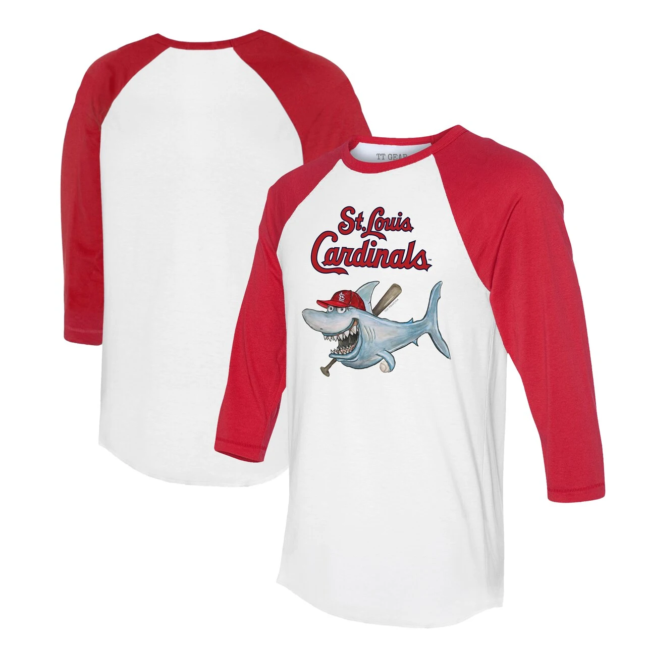 Women's St. Louis Cardinals Tiny Turnip White/Red Shark 3/4-Sleeve Raglan T-Shirt 3 Women's St. Louis Cardinals Tiny Turnip White/Red Shark 3/4-Sleeve Raglan T-Shirt