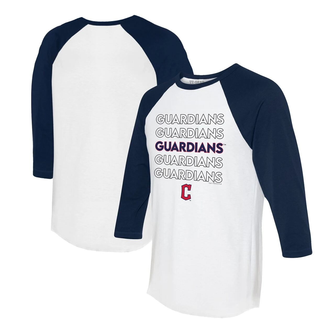 Women's Cleveland Guardians Tiny Turnip White/Navy Stacked 3/4-Sleeve Raglan T-Shirt 3 Women's Cleveland Guardians Tiny Turnip White/Navy Stacked 3/4-Sleeve Raglan T-Shirt