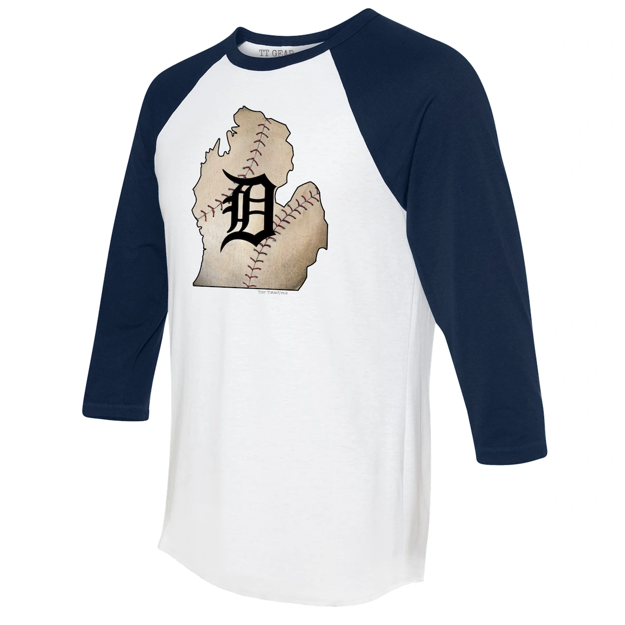 Women's Detroit Tigers Tiny Turnip White/Navy State Outline 3/4-Sleeve Raglan T-Shirt 4 Women's Detroit Tigers Tiny Turnip White/Navy State Outline 3/4-Sleeve Raglan T-Shirt - Image 2