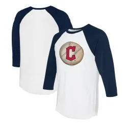 Women's Cleveland Guardians Tiny Turnip White/Navy Stitched Baseball 3/4-Sleeve Raglan T-Shirt