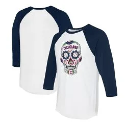 Women's Cleveland Guardians Tiny Turnip White/Navy Sugar Skull 3/4-Sleeve Raglan T-Shirt