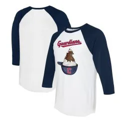 Women's Cleveland Guardians Tiny Turnip White/Navy Sundae Helmet 3/4-Sleeve Raglan T-Shirt